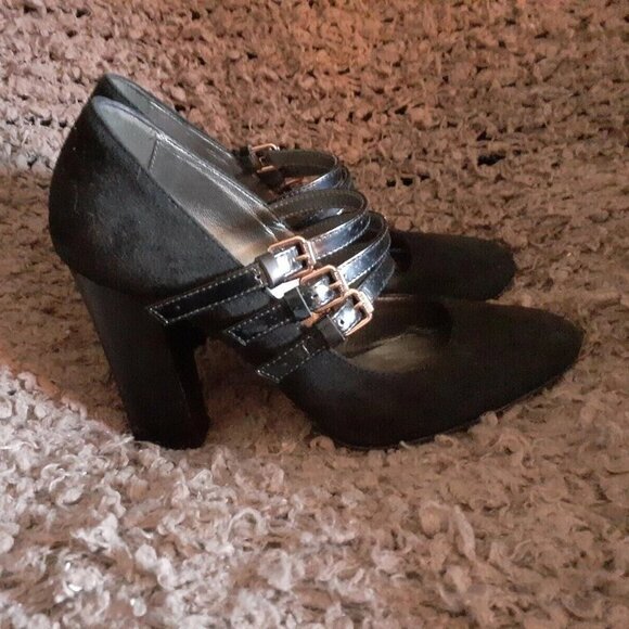 NAVYBOOT-Italy-Black Suede/Leather 3 Strap Mary Jane Pumps-Sz 36-Near Mint - Picture 4 of 8